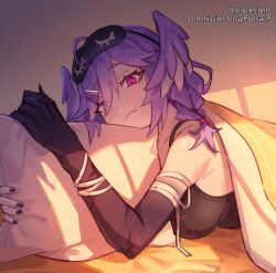  absurdres black_tank_top blanket blue_eyes breasts closed_mouth commission day dragon_claw dragon_girl dragon_wings english_commentary feathered_wings female hair_between_eyes head_wings heterochromia highres large_breasts long_hair lying maplesights morning nijisanji oerba_yun_fang on_bed on_stomach pillow pink_eyes purple_hair purple_nails purple_wings selen_tatsuki skin_fang smile solo tank_top under_covers virtual_youtuber wings 