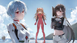  3girls arm_under_breasts ascot ayanami_rei black_jacket blue_eyes blue_hair blue_sky bodysuit breasts brown_eyes brown_hair closed_mouth cloud crop_top cropped_jacket crossed_bangs crossover day drone ekina_(1217) gloves goddess_of_victory:_nikke hair_between_eyes hairpods highres holding holding_tablet_pc interface_headset jacket large_breasts light_blush long_hair long_sleeves looking_at_viewer marciana_(nikke) medium_breasts midriff military_uniform mountain multiple_girls navel navel_piercing neon_genesis_evangelion ocean outdoors pants piercing pilot_suit plugsuit port red_bodysuit red_eyes ship short_hair skin_tight sky souryuu_asuka_langley standing stomach tablet_pc two_side_up uniform v-shaped_eyebrows very_long_hair water watercraft white_ascot white_bodysuit white_gloves white_pants 