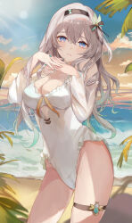  absurdres beach black_hairband blue_sky breasts cleavage cowboy_shot detached_sleeves female firefly_(honkai:_star_rail) grey_hair hair_between_eyes hair_intakes hair_ornament hairband highres honkai:_star_rail honkai_(series) large_breasts leotard long_hair looking_at_viewer ocean own_hands_clasped own_hands_together parted_lips sand sky solo summer sunlight thigh_strap two-tone_eyes watage_tanpopo white_leotard 