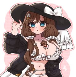  1boy ahoge between_breasts bikini black_hat black_shirt blue_eyes blush bow breasts brown_hair cleavage collarbone female flower granblue_fantasy hair_flower hair_ornament hat large_breasts long_hair messy_hair navel raziel_(granblue_fantasy) raziel_(summer)_(granblue_fantasy) sandalphon_(granblue_fantasy) sandalphon_(summer)_(granblue_fantasy) see-through see-through_shirt shirt short_hair suamachi sun_hat swimsuit twintails white_bikini white_bow 