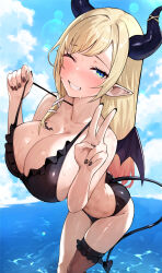  absurdres alternate_costume bikini bikini_top_pull black_bikini black_nails black_tail black_wings blonde_hair blush breast_tattoo breasts collarbone demon_girl demon_horns demon_tail demon_wings female frilled_bikini frills highres hololive horns large_breasts long_hair maro2ki3 ocean one_eye_closed parted_lips pointy_ears solo sunlight swimsuit tail tattoo teeth v virtual_youtuber wet winged_heart_tattoo wings yuzuki_choco 