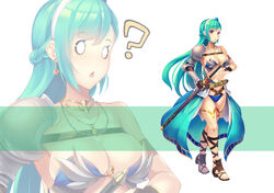  ? ankle_lace-up arm_armor armor belt bikini_armor braid breasts covered_nipples cross-laced_footwear earrings female fingerless_gloves gloves green_hair high_heels huge_breasts jewelry liesesophis_h_saintgrand long_hair luupechi navel necklace original purple_eyes sandals shoulder_armor single_sleeve sword waist_cape weapon 