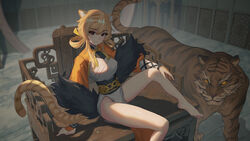  absurdres animal animal_ear_fluff animal_ears arknights bare_legs barefoot breasts brown_eyes closed_mouth cola-alter dress du_yaoye_(arknights) female fur_shawl hair_rings highres long_sleeves looking_at_viewer medium_breasts orange_hair pelvic_curtain puffy_long_sleeves puffy_sleeves sash shawl sitting solo tail tiger tiger_ears tiger_girl tiger_tail white_dress 