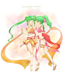  2girls anklet barefoot dancer double_bun earrings fire_emblem fire_emblem:_genealogy_of_the_holy_war fire_emblem_heroes green_eyes green_hair hair_bun hair_ribbon hira_(otemoto84) jewelry lene_(fire_emblem) long_hair mother_and_daughter multiple_girls necklace ponytail ribbon sandals silvia_(fire_emblem) skirt thigh_strap 