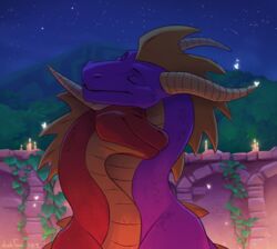  2020 activision candle closed_eyes cuddling detailed_background dragon draktau duo european_mythology feral flame_(spyro) happy horn male male/male mythological_creature mythological_scalie mythology night nuzzling outside red_body romantic romantic_ambiance romantic_couple scales scalie sky smile spyro spyro_the_dragon star starry_sky western_dragon 