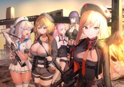  5girls :o absurdres anis_(nikke) assault_rifle bad_id bad_pixiv_id bandolier belt beret black_choker blue_neckerchief breasts brown_hair bullpup choker cleavage commentary_request counters_(nikke) fingerless_gloves glasses gloves goddess_of_victory:_nikke green_eyes grenade_launcher grey_hair grin gun hat highres holding holding_gun holding_weapon large_breasts long_hair looking_at_another looking_at_viewer mihara_(nikke) militaria_(nikke) military milkor_mgl miniskirt multiple_girls neckerchief necktie neon_(nikke) outdoors pink_hair pleated_skirt purple_eyes purple_hair rapi_(nikke) red_eyes red_necktie revision rifle sailor_collar short_hair short_shorts shorts shotgun single_fingerless_glove skirt sky smile standard_manufacturing_dp-12 straight_hair strap sunset thigh_strap thighs towrituka wardress_(nikke) weapon yuni_(nikke) zettai_ryouiki 