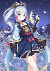  absurdres armor black_gloves blunt_bangs breastplate camellia_print choker closed_mouth dress female floral_print folding_fan genshin_impact gloves grey_hair hair_ornament hand_fan highres holding holding_fan japanese_clothes jie_xian_(tsuki) kamisato_ayaka kamisato_clan_(emblem) kanze_mizu long_hair night night_sky ponytail sidelocks sky smile solo star_(sky) starry_sky vambraces 