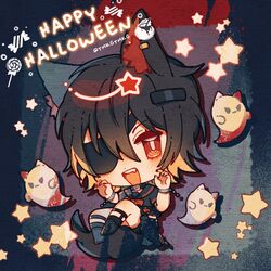  3di_project animal_ears black_hair blonde_hair celene_(3di) chibi eyepatch female full_body ghost hair_between_eyes halloween halloween_costume highres multicolored_hair red_eyes star_(symbol) tail tmkgtmkg two-tone_hair virtual_youtuber wolf_ears wolf_girl wolf_tail 