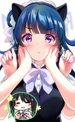  2girls animal_ear_headwear animal_ears black_vest blue_hair blush bow bowtie buttons closed_mouth collar depe fake_animal_ears frilled_collar frills hands_on_another&#039;s_cheeks hands_on_another&#039;s_face hands_up highres long_hair love_live! love_live!_nijigasaki_high_school_idol_club love_live!_sunshine!! maid_headdress multiple_girls pink_eyes pout pov shirt sidelocks sound_effects spoken_character takasaki_yu tareme tears tsushima_yoshiko upper_body v-shaped_eyebrows vest white_background white_bow white_shirt 