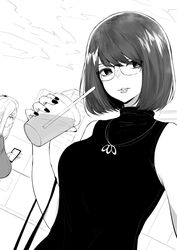  2girls cellphone commentary cup desyana_laurentia drinking_straw english_commentary glasses greyscale highres holding holding_cup inne_sulistya_robin looking_at_viewer mole mole_under_eye monochrome multiple_girls nail_polish norman_maggot original phone selfie short_hair sleeveless sleeveless_turtleneck turtleneck 