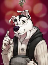  2019 3:4 animal_crossing anthro black_nose canid canine canis claws clothing domestic_dog ear_piercing eclipticafusion eyewear flat_cap floppy_ears fur gauged_ear gesture glasses glistening glistening_nose hand_gesture hat headgear headwear hi_res holding_object hoodie hoodie_vest k.k._slider looking_at_viewer male mammal mistletoe nintendo pawpads piercing plant pointing pointing_up signature smile solo sweater topwear white_body white_fur 