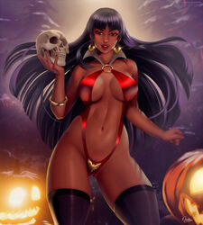  ass_visible_through_thighs blunt_bangs blurry blurry_background breasts chel_(the_road_to_el_dorado) commentary cosplay dark-skinned_female dark_skin darkra earrings english_commentary female glint hand_up highres holding holding_skull jack-o&#039;-lantern jewelry large_breasts lips lipstick long_hair looking_at_viewer makeup navel parted_lips red_eyes red_lips signature skull slingshot_swimsuit solo standing swimsuit the_road_to_el_dorado thighhighs vampirella vampirella_(character) vampirella_(character)_(cosplay) 