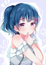  :o absurdres anchor_symbol bead_bracelet bead_necklace beads blue_hair blunt_bangs blush bracelet depe dress female furrowed_brow hair_ornament hand_on_own_chin hand_up highres jewelry long_hair looking_at_viewer love_live! love_live!_sunshine!! necklace off-shoulder_dress off_shoulder open_mouth pink_eyes ponytail sidelocks single_bare_shoulder sleeveless sleeveless_dress solo tsushima_yoshiko upper_body white_background white_dress x_hair_ornament 