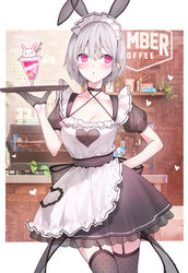  :o animal_ears apron arm_behind_back barista black_dress black_garter_straps black_thighhighs breasts cleavage dress english_text fake_animal_ears female garter_straps gloves grey_gloves grey_hair hair_between_eyes half_gloves hand_up heart highres holding holding_plate ice_cream_cup looking_at_viewer maid maid_apron maid_headdress medium_breasts mole original parted_lips pink_eyes plate polka_dot polka_dot_gloves polka_dot_thighhighs puffy_short_sleeves puffy_sleeves rabbit_ears rangu see-through see-through_cleavage see-through_sleeves short_hair short_sleeves thighhighs twitter_username white_apron 