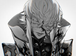  1boy asclepius_(fate) au_(d_elete) eyelashes fate/grand_order fate_(series) hair_between_eyes jacket long_hair looking_at_viewer male_focus monochrome simple_background solo upper_body white_background white_hair 