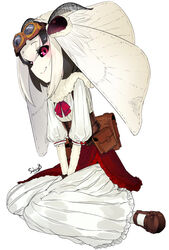  arthropod_girl bag colored_skin commentary_request dress female goggles goggles_on_head looking_at_viewer monster_girl moth_girl original purple_eyes simple_background sitting smile solo solopipb wariza white_background white_skin 