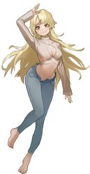  absurdres arm_up bang_dream! barefoot blonde_hair breasts cleavage cleavage_cutout closed_mouth clothing_cutout denim evolved_virgin_killer_sweater female highres jeans long_hair long_sleeves looking_at_viewer medium_breasts navel pants simple_background smile solo sweater tsurumaki_kokoro underboob white_background yellow_eyes yogu_(user_rxdx2445) 