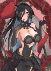  azur_lane bad_id bad_pixiv_id biting black_dress black_gloves black_hair black_veil bouquet breasts bridal_veil cleavage covered_navel dated detached_collar dress elbow_gloves female flower friedrich_der_grosse_(azur_lane) friedrich_der_grosse_(zeremonie_of_the_cradle)_(azur_lane) glove_biting gloves hair_over_one_eye highres horns large_breasts long_hair mechanical_horns official_alternate_costume petals red_flower red_horns red_rose revealing_clothes rose solo strapless strapless_dress sunebu_(snake_boo2) veil very_long_hair wedding_dress yellow_eyes 