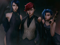  3girls alternate_costume arcane:_league_of_legends arcane_caitlyn arcane_jinx arcane_vi artist_name asymmetrical_bangs bare_shoulders black_dress black_gloves black_jacket black_necktie black_pants black_shirt blue_eyes blue_hair caitlyn_(league_of_legends) cheesewoo chest_tattoo closed_mouth dress dress_shirt ear_piercing earrings elbow_gloves english_commentary evening_gown facial_mark feather_boa formal gloves grey_eyes grey_vest gun hand_on_another&#039;s_shoulder handgun hands_in_pockets highres holding holding_gun holding_weapon jacket jacket_on_shoulders jewelry jinx_(league_of_legends) league_of_legends lips long_hair looking_at_another looking_at_viewer looking_to_the_side multiple_girls neck_tattoo necklace necktie nose_piercing nose_ring pants piercing pink_hair purple_eyes red_hair scar scar_on_face shirt short_hair siblings side_slit sisters sleeveless sleeveless_dress suit tattoo vest vi_(league_of_legends) weapon 