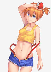  blue_eyes breasts commentary female holding holding_poke_ball kasumi_(pokemon) looking_at_viewer midriff navel open_clothes open_fly open_mouth open_shorts orange_hair poke_ball poke_ball_(basic) pokemon pokemon_(anime) pokemon_(classic_anime) short_hair shorts side_ponytail simple_background smile solo stomach strap_slip suspenders wujiemang 