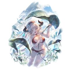  aliza_(granblue_fantasy) aliza_(summer)_(granblue_fantasy) alpha_transparency bare_shoulders bikini blush breasts cleavage closed_eyes cloud collarbone draph female granblue_fantasy hair_ornament horns large_breasts leaf_umbrella long_hair looking_at_viewer minaba_hideo navel o-ring o-ring_bikini o-ring_top official_alternate_costume official_art open_mouth outdoors pointy_ears ponytail rain red_bikini red_scrunchie scrunchie skindentation sky smile solo standing star_(symbol) star_hair_ornament swimsuit thigh_strap transparent_background very_long_hair water wet 