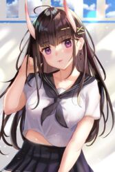  :p alternate_costume azur_lane black_hair black_skirt blush collarbone female hair_ornament hand_in_own_hair highres horns long_hair looking_at_viewer midriff midriff_peek noshiro_(azur_lane) oni_horns panipo purple_eyes sailor_collar school_uniform serafuku short_sleeves skirt tongue tongue_out upper_body x_hair_ornament 