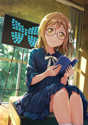  bad_id bad_pixiv_id blue_butterfly blue_dress book booklet bookmark bow branch bug butterfly chair commentary_request dress female glasses hairbow highres holding holding_book indoors kunikida_hanamaru light_brown_hair long_hair looking_at_viewer love_live! love_live!_sunshine!! mitaiken_horizon open_book picture_frame shamakho short_sleeves signature sitting smile solo sunlight sunset tree white_bow white_legwear window yellow_butterfly yellow_eyes 