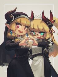  +_+ 2girls :d blonde_hair blunt_bangs borrowed_character commentary crystal_earrings demon_horns earrings english_commentary flareze_(porforever) freckles glasses green_eyes habit hand_on_another&#039;s_waist heart heart_hands heart_hands_duo highres horns horns_through_headwear jewelry long_hair long_sleeves looking_at_viewer maid maid_headdress multiple_girls nun open_mouth original pointy_ears porforever red-framed_eyewear red_eyes semi-rimless_eyewear simple_background smile two_side_up under-rim_eyewear urushia_(okame_nin) 