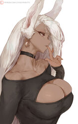  animal_ears bare_shoulders black_choker black_dress boku_no_hero_academia breasts choker cleavage cleavage_cutout clothing_cutout collarbone covered_nipples covered_piercing cutesexyrobutts dark-skinned_female dark_skin dress earrings female finger_to_mouth from_side highres jewelry large_breasts long_eyelashes long_hair mirko nipple_piercing patreon_logo patreon_username piercing rabbit_ears rabbit_girl red_eyes solo superhero_costume upper_body white_background white_hair 