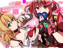  2girls black_gloves blonde_hair breasts chest_jewel detached_sleeves earrings fingerless_gloves fiora_(xenoblade) gloves green_eyes jewelry large_breasts long_hair midriff mugimugis multiple_girls pyra_(xenoblade) red_eyes red_hair short_hair swept_bangs thighhighs tiara valentine xenoblade_chronicles_(series) xenoblade_chronicles_1 xenoblade_chronicles_2 