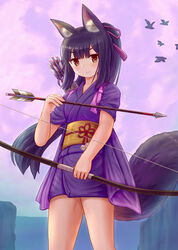  absurdres animal animal_ear_fluff animal_ears arrow_(projectile) bird black_hair bow_(weapon) brown_eyes closed_mouth commentary_request female fox_ears fox_girl fox_tail highres holding holding_arrow holding_bow_(weapon) holding_weapon iroha_(iroha_matsurika) japanese_clothes kimono kunoichi-chan_(iroha_(iroha_matsurika)) long_hair obi original outdoors ponytail purple_kimono quiver sash short_kimono short_sleeves smile solo tail tasuki very_long_hair weapon 