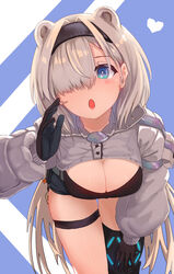  absurdres animal_ears arknights aurora_(arknights) aurora_(elite_ii)_(arknights) bear_ears bent_over black_gloves black_shirt blue_eyes breasts cleavage commentary_request cowboy_shot female gloves grey_hair hair_between_eyes heart highres infection_monitor_(arknights) large_breasts long_hair long_sleeves looking_at_viewer open_mouth pureakuma shirt shrug_(clothing) solo standing thigh_strap thighs very_long_hair 