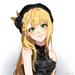  alternate_hair_length alternate_hairstyle artist_name bangs bare_shoulders beret black_flower black_headwear blonde_hair blunt_bangs blush braid closed_mouth commentary dress earrings eyebrows_visible_through_hair female flower frilled_dress frills green_eyes hair_flower hair_ornament hat head_tilt highres idolmaster idolmaster_cinderella_girls jewelry long_hair looking_at_viewer miyamoto_frederica sake_dong sleeveless smile solo tassel tassel_earrings 