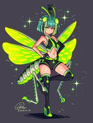  antennae arthropod_girl arthropod_limbs black_gloves boots commentary_request dated extra_legs female flat_chest full_body gloves green_eyes green_hair green_necktie half_gloves hands_on_own_hips high_heel_boots high_heels highres insect_wings medium_hair midriff multicolored_hair navel necktie original shirt short_shorts shorts signature sleeveless sleeveless_shirt solo standing standing_on_one_leg suparu_(detteiu) tall_crown thigh_boots wings 