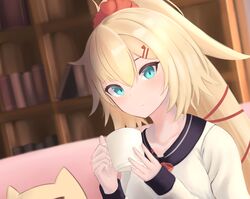  akai_haato akai_haato_(casual) bad_id bad_pixiv_id blonde_hair blush book bookshelf bow breasts coffee_mug collarbone couch cup female frown green_eyes haaton_(akai_haato) hair_ornament hair_tie hairclip high_ponytail highres holding holding_cup hololive lanta_s large_breasts long_hair long_sleeves looking_at_viewer mug official_alternate_costume official_alternate_hairstyle ponytail red_bow red_scrunchie sailor_collar scrunchie shirt solo stuffed_animal stuffed_toy upper_body virtual_youtuber white_shirt 