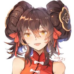  :d artist_name bare_shoulders black_hair blush bow brown_hair buttons china_dress chinese_clothes chinese_commentary commentary dated double-breasted double_bun dress female girls&#039;_frontline hair_bun hair_ornament hair_ribbon long_hair looking_at_viewer official_alternate_costume open_mouth portrait red_ribbon ribbon sidelocks simple_background sleeveless smile solo stuko teeth twintails type_97_(girls&#039;_frontline) type_97_(peony)_(girls&#039;_frontline) white_background white_bow yellow_eyes 