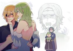  2boys 2girls bare_back bare_shoulders black_dress blonde_hair blue_coat blue_eyes blush byleth_(female)_(fire_emblem) byleth_(fire_emblem) coat commentary_request covering_another&#039;s_eyes dimitri_alexandre_blaiddyd dress enlightened_byleth_(female) eyepatch facial_hair father_and_daughter fire_emblem fire_emblem:_three_houses flayn_(fire_emblem) goatee green_eyes green_hair hair_between_eyes horrified juliet_sleeves kkomcce long_hair long_sleeves multiple_boys multiple_girls off-shoulder_dress off_shoulder open_mouth puffy_sleeves seteth_(fire_emblem) short_hair simple_background white_background white_dress 