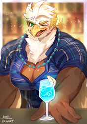  1boshi 1boy artist_name bara bartender beak bird_boy blush cocktail_glass commentary_request cup drink drinking_glass feathers flying_sweatdrops furry furry_male green_eyes ice jewelry looking_at_viewer male_focus necklace one_eye_closed open_mouth pectoral_cleavage pectorals thunderbird_(housamo) tokyo_afterschool_summoners 