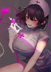  blush breasts dress female gloves hair_between_eyes hat highres holding holding_syringe inushima large_breasts nurse nurse_cap open_mouth original pink_eyes purple_hair short_hair short_sleeves solo syringe thighs white_dress white_gloves 