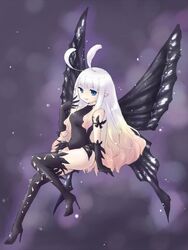  anne_(bravely_second) antenna_hair black_gloves black_leotard black_thighhighs blonde_hair blue_eyes boots bravely_default_(series) bravely_second:_end_layer butterfly_wings commentary_request elbow_gloves fairy female full_body gloves hand_to_own_mouth high_heel_boots high_heels insect_wings leotard long_hair open_mouth pointy_ears smile solo thigh_boots thighhighs thighs white_hair wings yuki56 