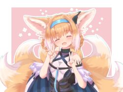  :d ^_^ animal_ears arknights bad_id bad_pixiv_id bare_shoulders blue_hairband blush braid braided_hair_rings chrocatz closed_eyes commentary_request double_v facing_viewer female floral_background fox_ears fox_girl fox_tail hair_rings hairband hands_up head_tilt highres infection_monitor_(arknights) kitsune material_growth oerba_yun_fang oripathy_lesion_(arknights) outline pink_background shirt smile solo suzuran_(arknights) tail twin_braids two-tone_background v white_background white_outline white_shirt 