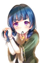  blue_hair blunt_bangs blush depe dress female fur_trim green_dress hair_ornament hair_over_shoulder hair_tie hair_tie_in_mouth hands_up highres long_hair long_sleeves looking_at_viewer love_live! love_live!_sunshine!! mouth_hold pink_eyes sidelocks simple_background solo star_(symbol) star_hair_ornament tsushima_yoshiko upper_body v-shaped_eyebrows white_background wide_sleeves 