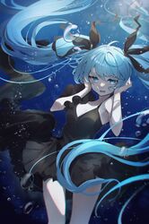  bare_shoulders black_dress black_ribbon blue_eyes blue_hair breasts bubble cleavage commentary covering_own_ears dress facing_viewer feet_out_of_frame female hair_ribbon hatsune_miku highres long_hair looking_down murumuru_(pixiv51689952) open_mouth ribbon shinkai_shoujo_(vocaloid) sleeveless sleeveless_dress small_breasts solo tearing_up twintails underwater very_long_hair vocaloid 