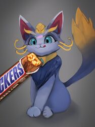  3:4 :3 bad_idea candy dessert domestic_cat felid feline felis female feral food imminent_death league_of_legends mammal mars_incorporated raised_tail riot_games simple_background snickers source_request tail tencent unknown_artist yuumi_(lol) 