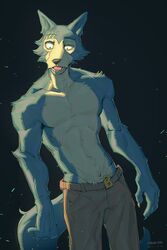  2020 2:3 abs anthro athletic athletic_anthro athletic_male backlighting beastars belt biceps black_background bottomwear canid canine canis canyne_khai clothed clothing digital_media_(artwork) fur grey_body grey_fur hi_res legoshi_(beastars) light lighting male mammal pants pants_only pecs scar simple_background solo standing topless wolf 