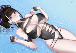  armlet bare_shoulders black_gloves black_one-piece_swimsuit breasts covered_navel fate/grand_order fate_(series) female fingerless_gloves flower gloves gold_trim hair_flower hair_ornament hair_up half_gloves highleg highleg_swimsuit highres kurozawa_yui large_breasts long_hair looking_at_viewer lying murasaki_shikibu_(fate) murasaki_shikibu_(swimsuit_rider)_(fate) murasaki_shikibu_(swimsuit_rider)_(first_ascension)_(fate) on_back one-piece_swimsuit purple_eyes purple_hair solo swimsuit thighs tied_hair water wet 