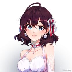  :3 ahoge alternate_hair_length alternate_hairstyle artist_name bangs bare_shoulders blue_eyes blush breasts choker cleavage closed_mouth collarbone commentary earrings eyebrows_visible_through_hair female hair_ribbon highres ichinose_shiki idolmaster idolmaster_cinderella_girls jewelry lace_trim looking_at_viewer medium_breasts pom_pom_(clothes) pom_pom_earrings portrait purple_hair ribbon sake_dong short_hair smile solo white_ribbon 