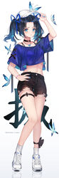  a_maru absurdres alternate_costume arm_up bad_id bad_pixiv_id bare_legs baseball_cap black_hair black_shorts blue_eyes blue_nails blue_shirt bra_strap bracelet bug butterfly choker closed_mouth crop_top crop_top_overhang cutoffs female frown full_body hair_ribbon hand_on_headwear hand_on_own_hip hat highres jewelry kanzaki_aoi_(kimetsu_no_yaiba) kimetsu_no_yaiba leg_ribbon long_hair looking_at_viewer midriff multicolored_hair nail_polish navel necklace parted_bangs ribbon shirt shoes short_shorts short_sleeves shorts sneakers socks solo standing stomach sweatdrop thigh_strap thighs twintails two-tone_hair v-shaped_eyebrows white_footwear white_hat white_socks wide_sleeves 