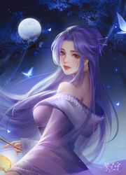  absurdres artist_request branch breasts bug butterfly commentary_request dress female from_side hair_ornament hairpin highres lantern long_hair long_sleeves looking_at_viewer medium_breasts night purple_dress purple_eyes purple_hair qinshi_mingyue second-party_source smile solo undershirt upper_body zi_nu_(qinshi_mingyue) 