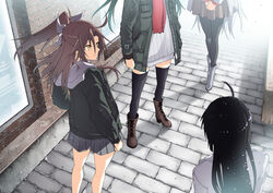  4girls akane_harurou alternate_costume black_hair black_pantyhose black_thighhighs boots brown_eyes brown_footwear brown_hair brown_skirt dark_green_hair green_jacket hood hoodie jacket kantai_collection long_hair miniskirt multiple_girls official_alternate_costume outdoors pantyhose pleated_skirt ponytail shouhou_(kancolle) shoukaku_(kancolle) skirt sweater thighhighs twintails white_hair white_hoodie white_sweater zuihou_(kancolle) zuikaku_(kancolle) 